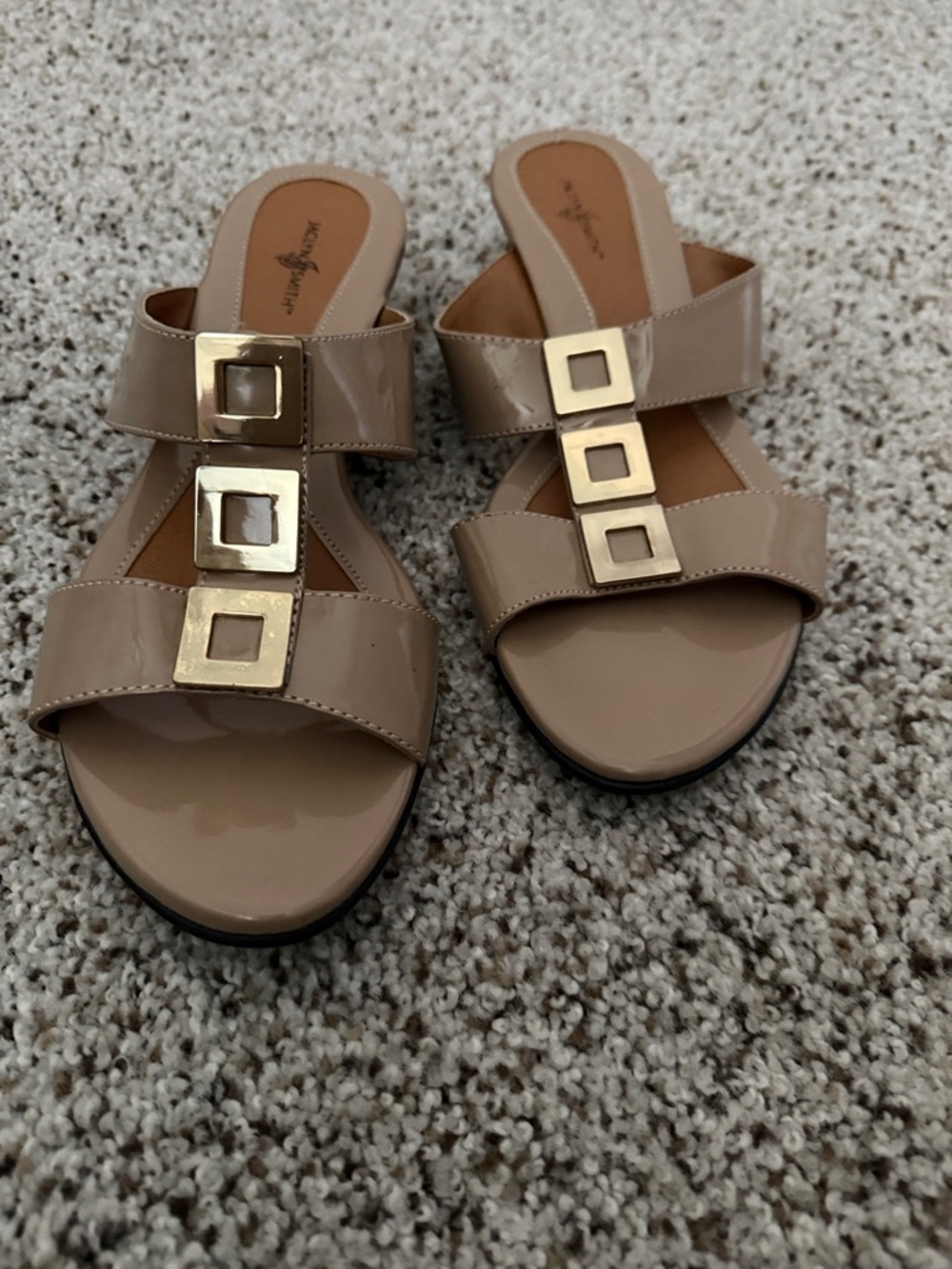 Jaclyn Smith Nude Patent Slide Mules with Gold Square Accents